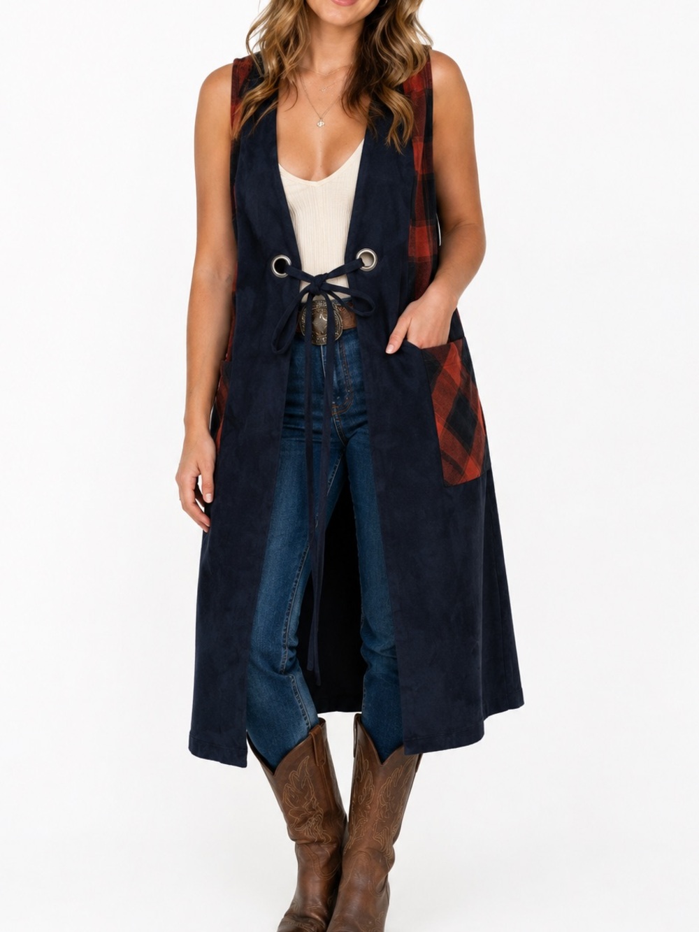 Buffalo Plaid Duster Vest Womens M Sleeveless Red Blue Western BCBGenerstion